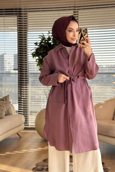 7501 Ön Düğmeli Kuşaklı Uzun Tunik Gül