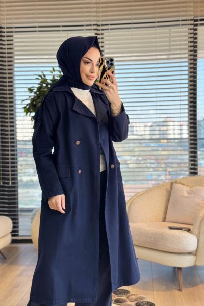 7503 Altı Düğmeli Apoletli Kot Trenç Lacivert