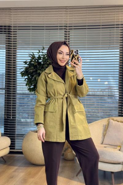 7507 Şal Dügmesiz Kot Trenç Koyu Yağ Yeşili