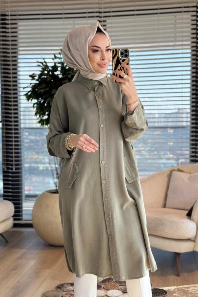 7509 Tencel Ön Düğmeli Cep Kapaklı Uzun Tunik Yeşil