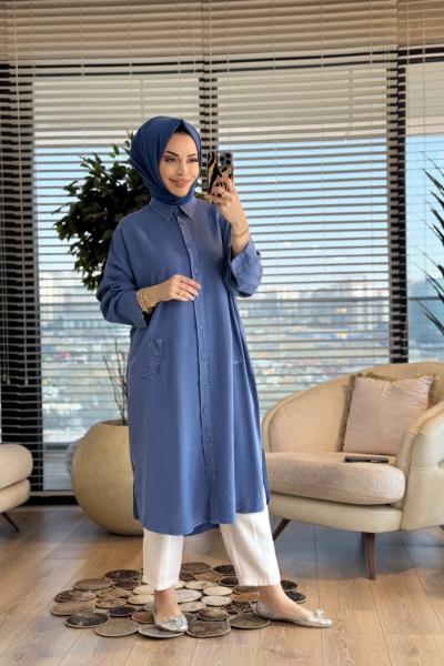 7509 Tencel Ön Düğmeli Cep Kapaklı Uzun Tunik Açık Mavi