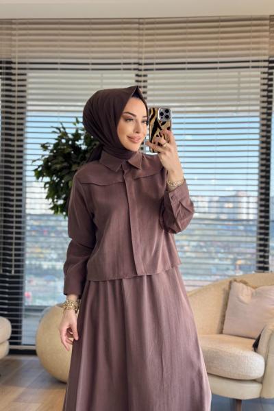7510 Omzu Parçalı Etekli Takım Kahve