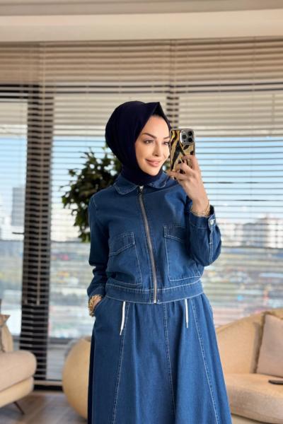 7514 Kot Önü Cep Ve Fermuarlı Etekli Takım Mavi