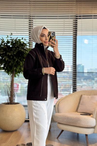 7519 Önü Zımbalı Kot Ceket Kahve