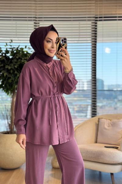 7526 Önü Pile Dikişli Yakasız Kot Takım Mürdüm