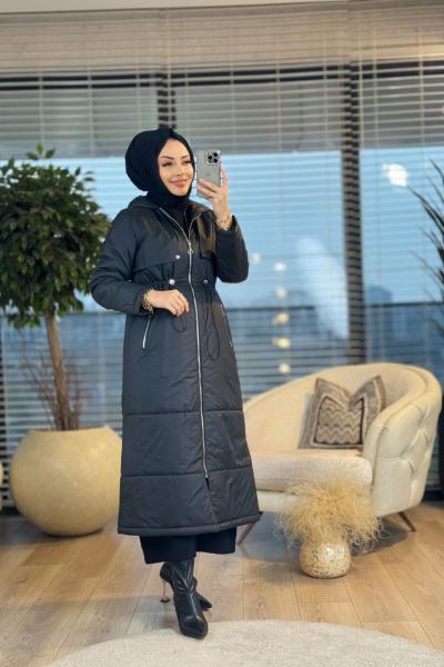 7620 Roba Parçalı Bel Lastikli Kapş.Trenç Siyah