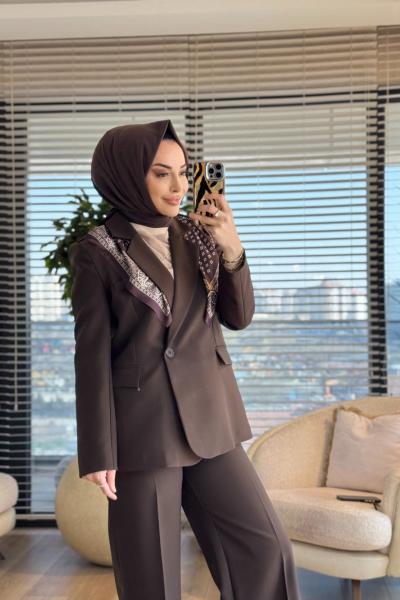 7665 Fular Detaylı Blazer Ceket Kahve