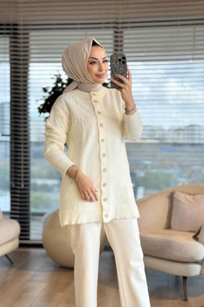 7701 Angora Boncuklu Oversize Hırka Ekru