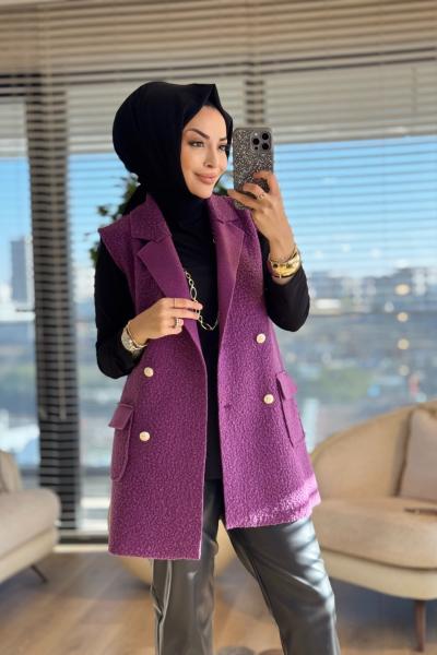 7889 Bukle Dört Düğmeli Yelek Mor
