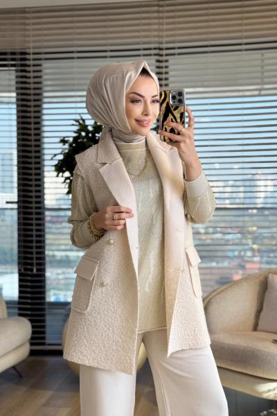 7889 Bukle Dört Düğmeli Yelek Krem