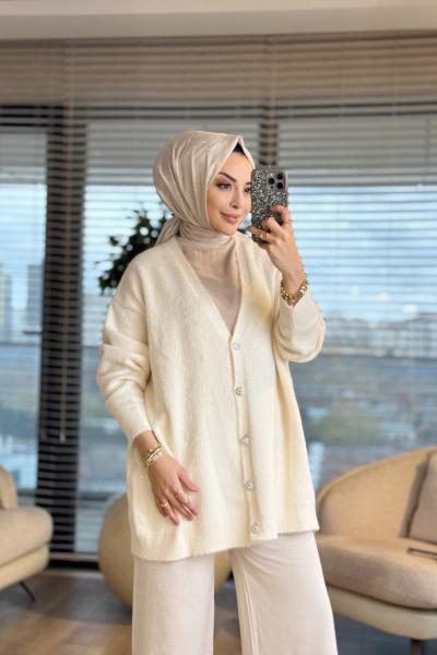 80259 Saçak V Yaka Hırka Ekru