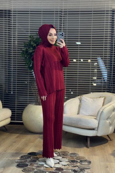 8039 Boyuna Sim Çizgili Triko Pant. Takım Bordo