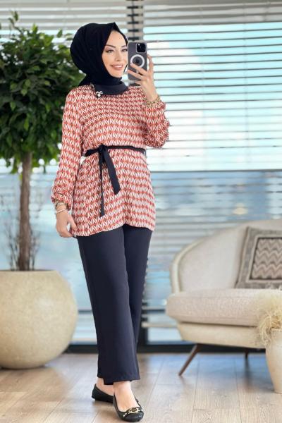 8148 Üst Desenli Devrik Yaka Takım Kiremit