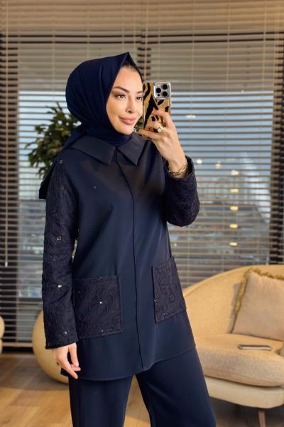 8215 Cep Ve Kolları Pullu Çiçek Detaylı Takım Lacivert