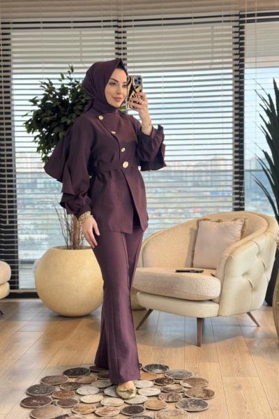 824 Ön Üçgen Parça Gold Düğmeli Takım Mürdüm