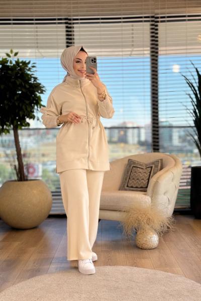 8445 Yaka Kol Kürklü Bel Büzgülü Takım Bej