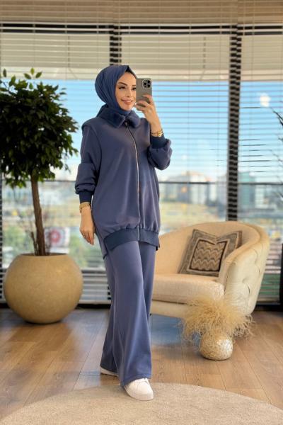 8451 Yaka Kürk Ön Ferm.Omuz Parça Takım İndigo