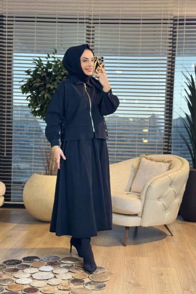 8887 Tencel Ferm. Yandan Düğmeli Etek Takım Siyah