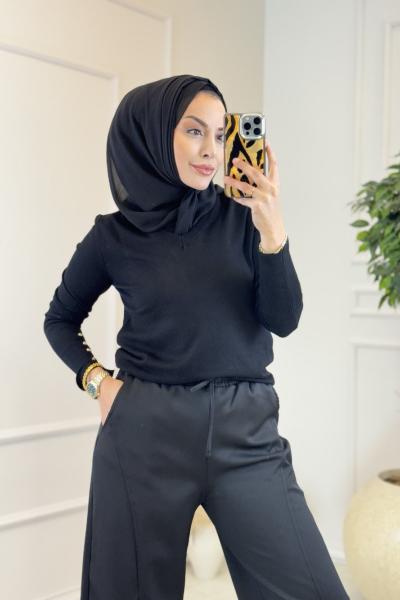 906 V Yaka Kolu Düğmeli Kazak Siyah