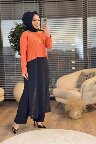 9091 Uzun Şifon Detaylı 3Lü Takım Oranj