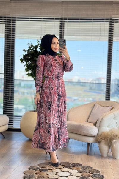 91086 Saten Etnik Desen Piliseli Elbise Bordo