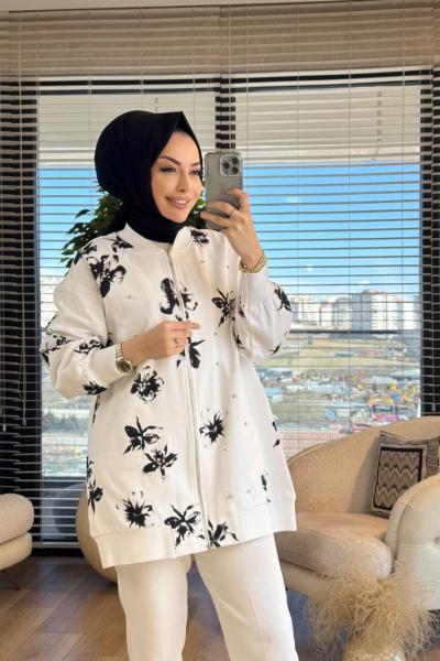 9244 Üstü Çiçek Baskılı Fermuarlı Kap Ekru