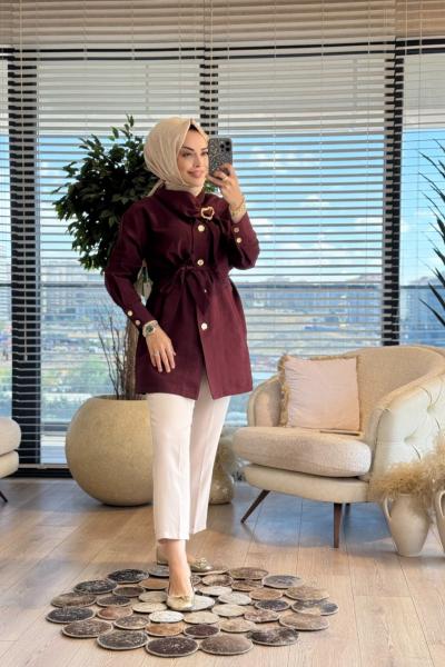 9265 Yaka Broşlu Kuşaklı Kap Bordo