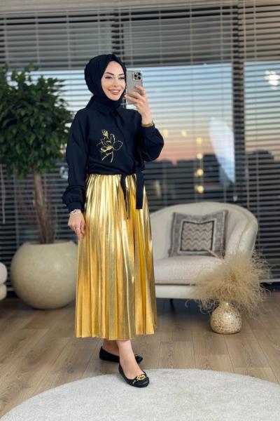 9641 Cebi Çiçek Baskılı Plise Etek Takım Siyah Gold
