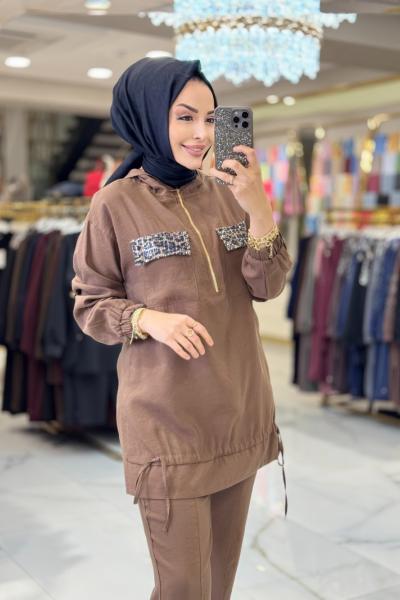 9766 Cep Kapağı Payetli Kapşonlu Takım Kahve