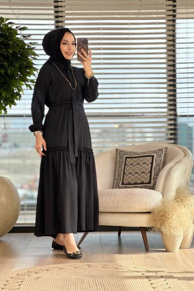 9766 Gofre Önü Düğmeli Elbise Siyah