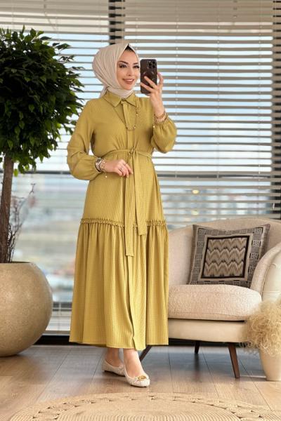 9766 Gofre Önü Düğmeli Elbise Yağ Yeşili