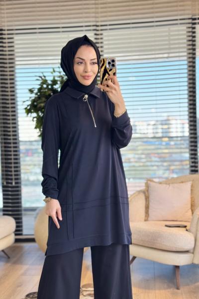 9910 Önü Kordon Biye Detaylı Tunik Siyah