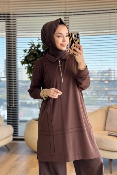 9910 Önü Kordon Biye Detaylı Tunik Kahve