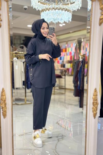 HWN6260 Yanları Düğme Detaylı Takım Siyah