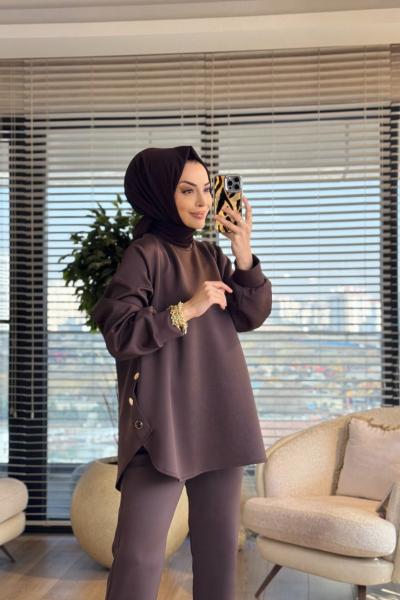 HWN6260 Yanları Düğme Detaylı Takım Kahve