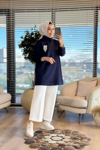 HWN9025 Kalp Broşlu Scuba Sweat Lacivert