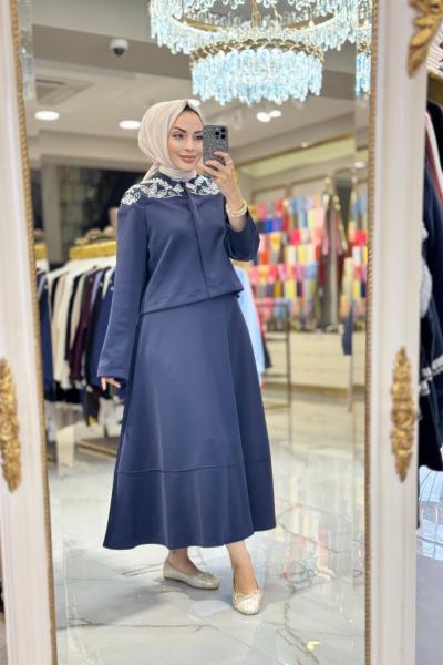 K6007 Omuzları Boncuk İşlemeli Etekli Takım Lacivert