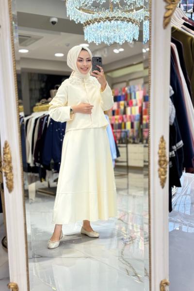 K6007 Omuzları Boncuk İşlemeli Etekli Takım Ekru