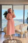 PR5708 Şifon Üstü Lastik Büzgülü Elbise Pudra
