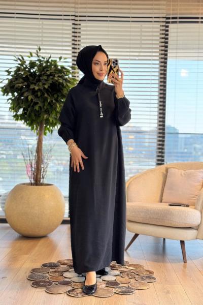 S5935 Dik Yaka Ferah Elbise Siyah