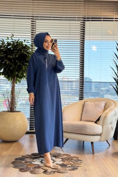 S5935 Dik Yaka Ferah Elbise İndigo