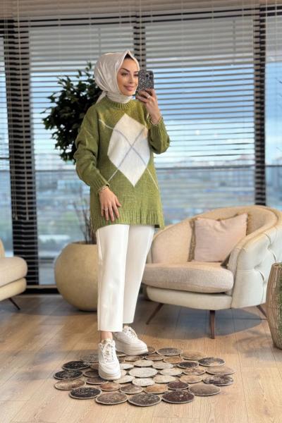 T8508 Önü Zikzak Desenli Triko Tunik Yeşil