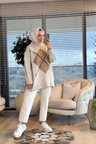 T8508 Önü Zikzak Desenli Triko Tunik Vizon