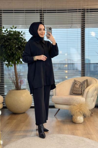 W5940 Gömlek Arkası Kırışık Tencel Takım Siyah