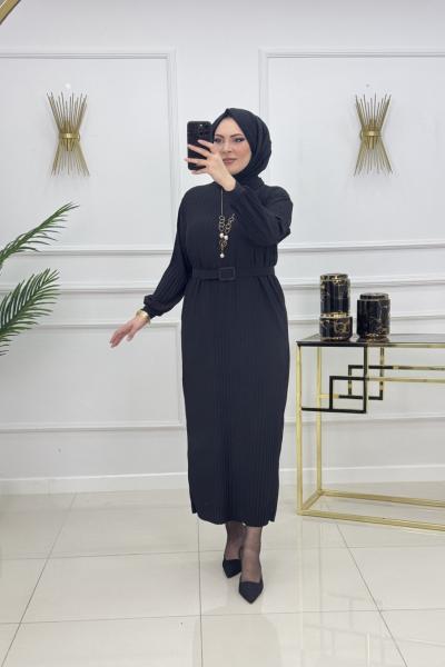 NAZLI PİLİSELİ ELBİSE-SİYAH